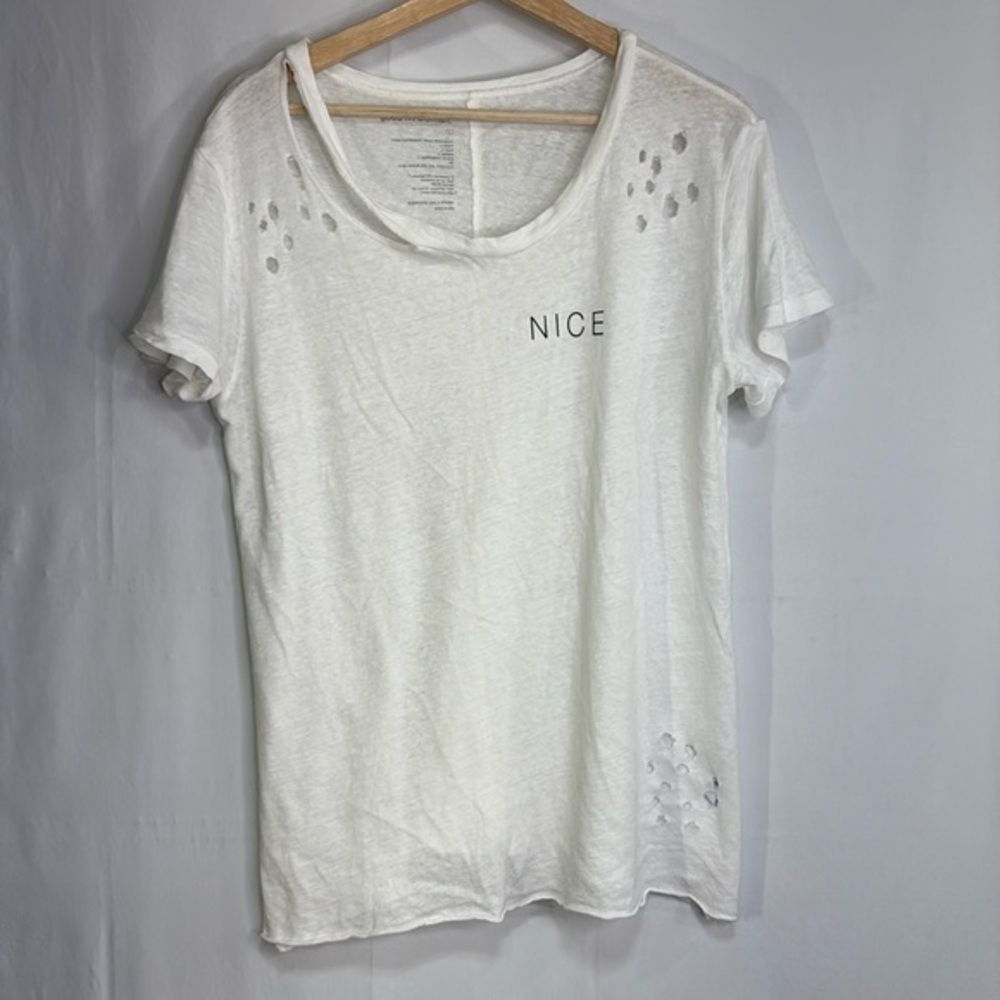 🌽 good hYOUman white, short sleeve, distressed T-shirt, “nice” graphic